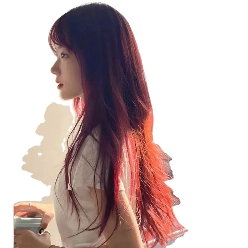 Wig Red Full Top Wig Female Long Straight Hair Straight Bangs Natural Summer Ladies Head Cover High-Temperature Fiber Wig