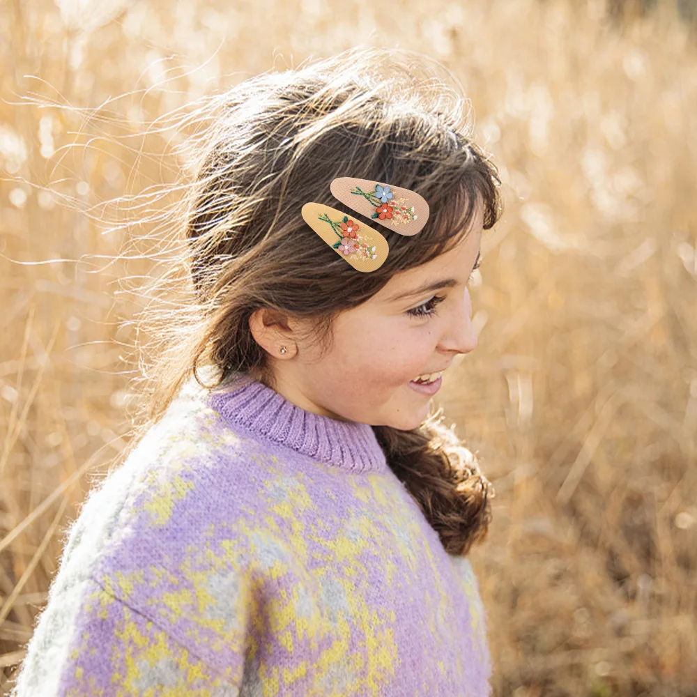 2Pcs Spring Hair Clips Sweet Girls Floral Fabric Oval BB Barrettes Cute Embroidery Flower Hairpin Kids Hair Accessories Set