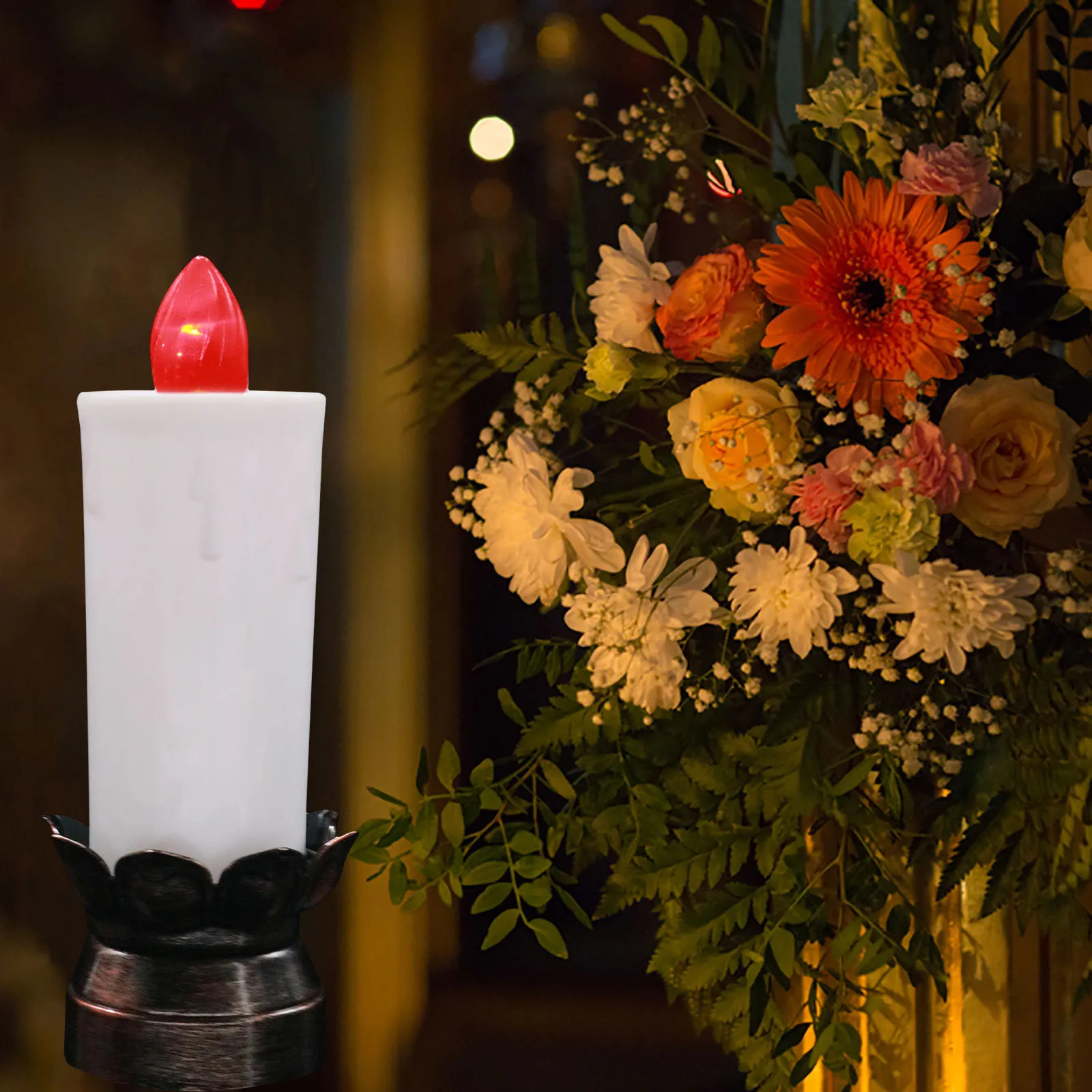 Grave Memorial Red Flickering LED Lotus Candle Holder Light Religious Batteries Flameless Cemetery with Base