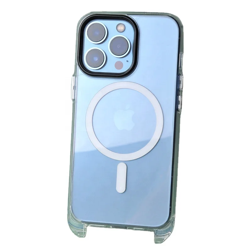 Wireless Charger Phone Case Black Circle Electroplating Button Magnetic Lanyard Phone Case For Iphone14 Pro Max