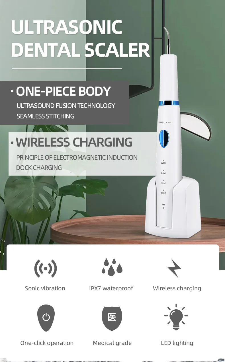Home Use IPX7 Wireless Charging Ultrasonic Vibration LED Dental Scaler Cordless Tooth Cleaner Calculus Plaque Tartar Remover