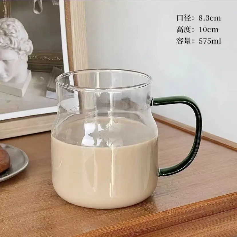 575 ml High borosilicate glass single-layer water cup, large belly cup, milk cup, heat-resistant glass colored handle cup