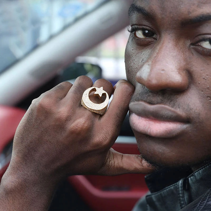 Кольца в стиле хип-хоп с фианитами звезды и луна мусульманское украшение сверкающее медное циркониевое кольцо для мужчин женщин ювелирные изделия