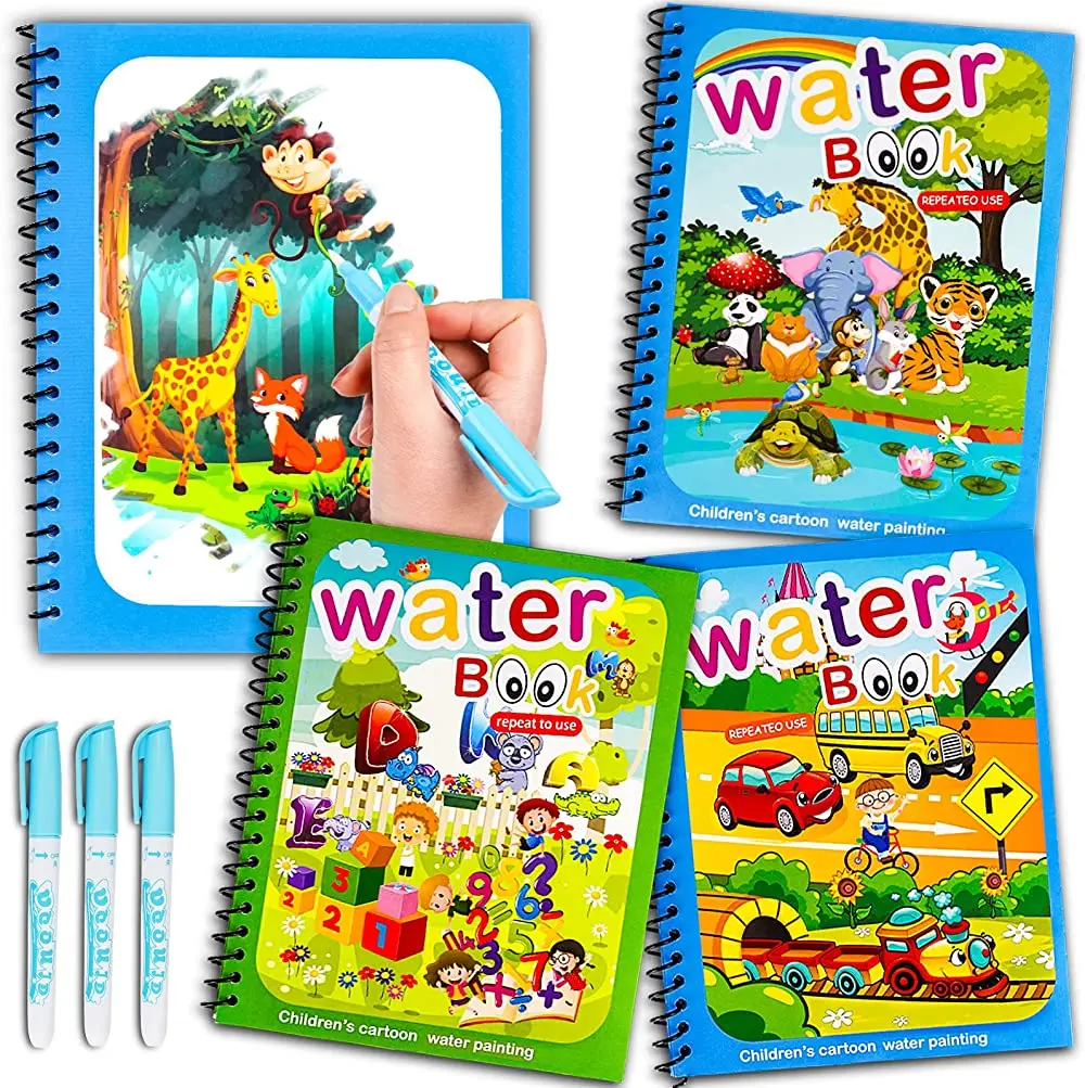 Water Coloring Magic Book for Toddlers Reusable Cartoon Water Reveal Activity Painting Book Educational Learning Toy Gifts
