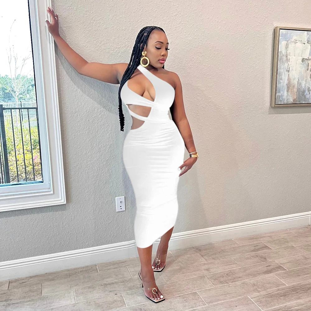 Dropshipping New Arrivals Cut Out Solid Bodycon One Shoulder Women Dresses Summer 2022 Women Clothing