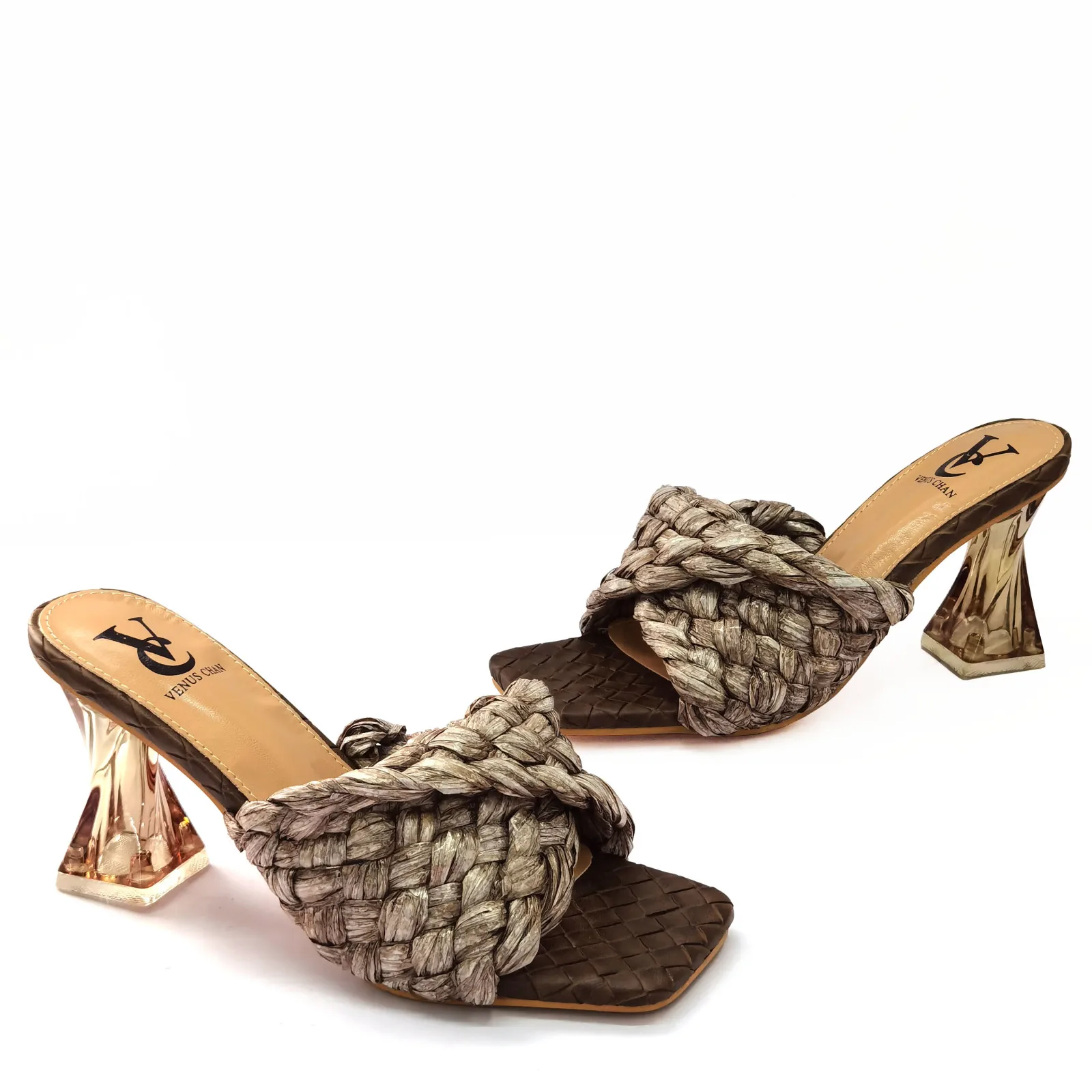 Factory wholesale printed flower pu pointed toe high heel sandal shoes women