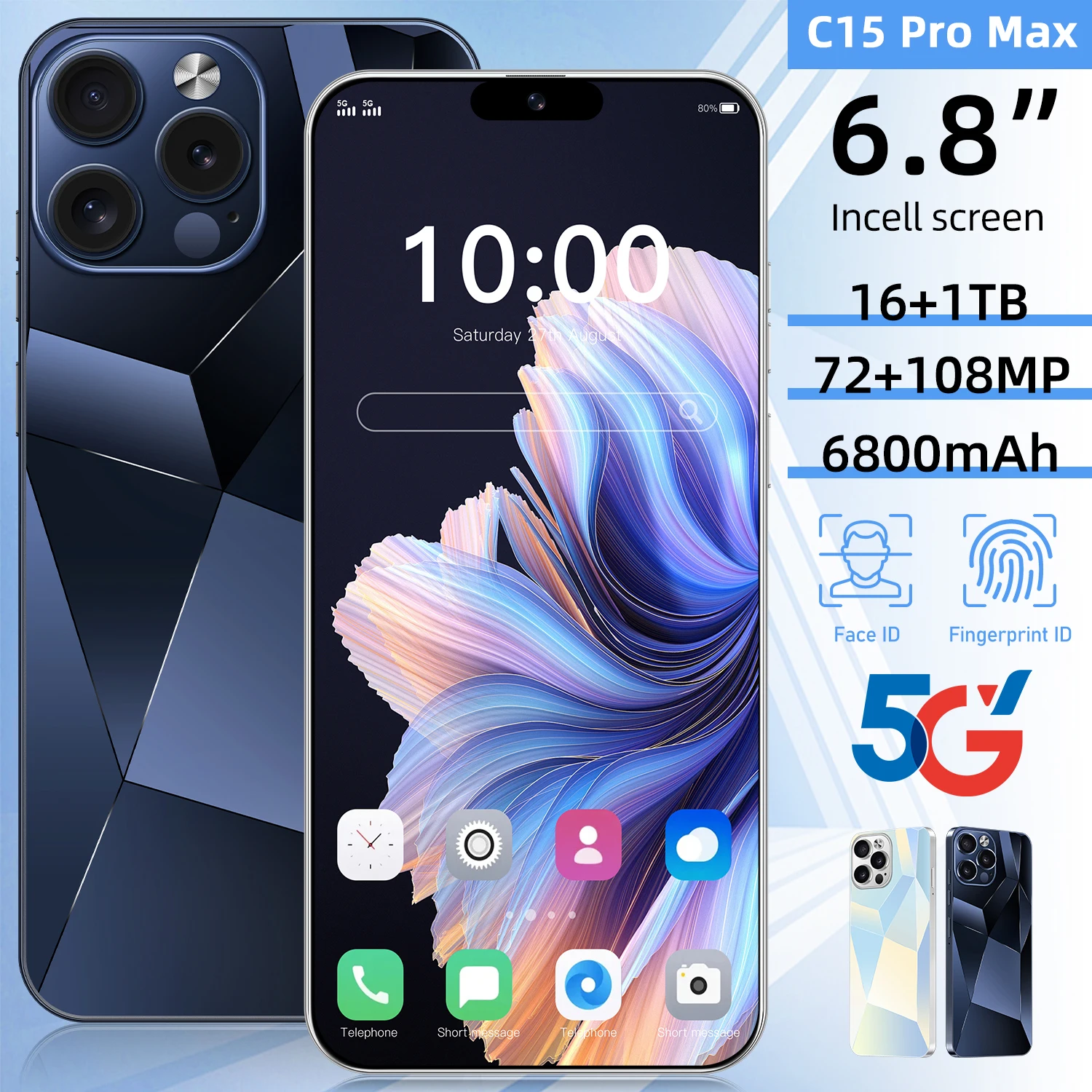 Cheap wholesale mobile phone c15 Pro Max 16+256GB 6.8inch HD+108mp Android 13.0 5G smartphone with 3 cameras