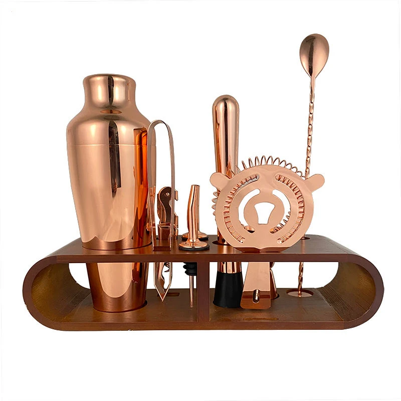 Custom Logo Barware Tools Wooden Stand Bag Travel Gift Stainless Steel Kit Bar Accessories Jigger Cocktail Shaker Set