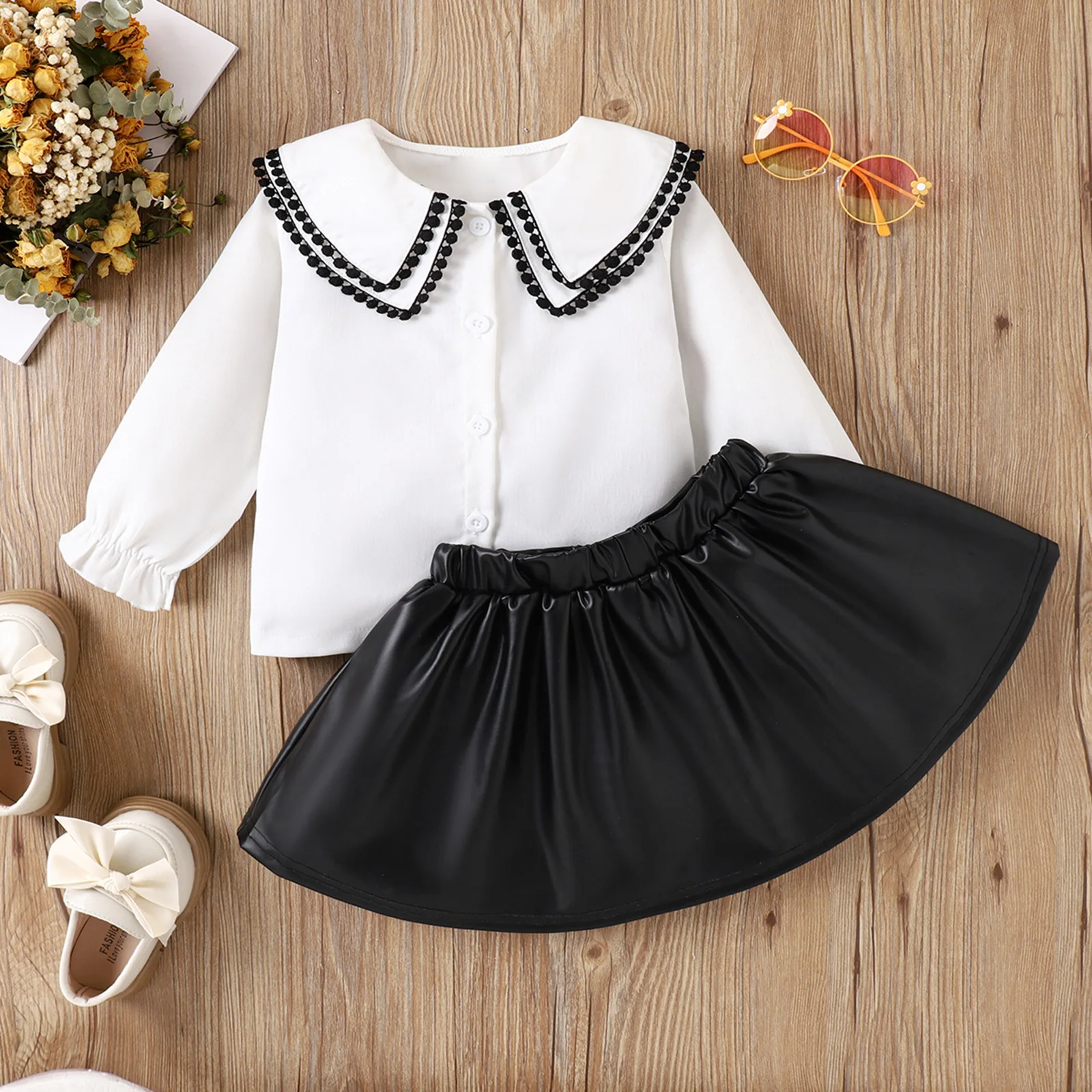 British style baby girl set with solid color lace long sleeved top and PU leather pants short skirt in stock