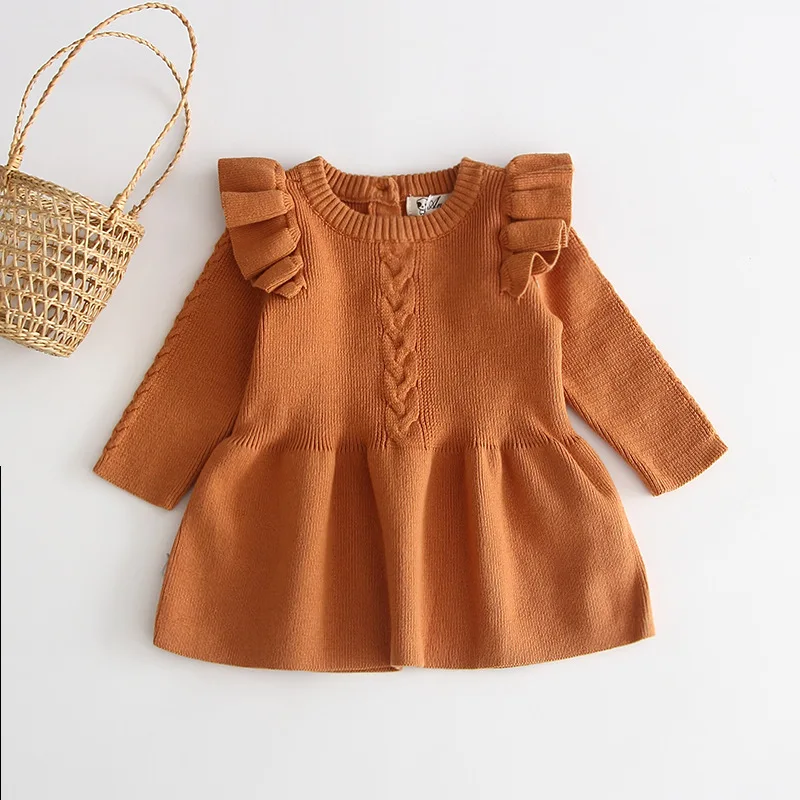Ivy60029A Winter 2019 kids girls plain knitted dress design solid color ruffle dress for baby girls