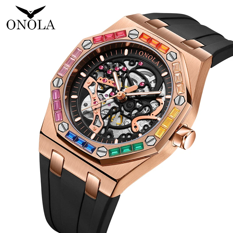 ONOLA Brand NEW Customized Logo Mechanical Watches Diamond Watch Men Automatic Skeleton Wristwatch Wholesale Watches OEM