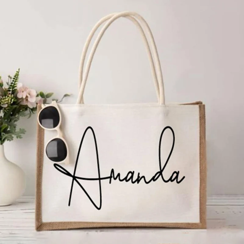 Custom Beach Burlap Tote Bags Personalized Bridesmaid Bachelorette Bridal Party Girls Trip Gifts Canvas Jute Shopping Tote Bag