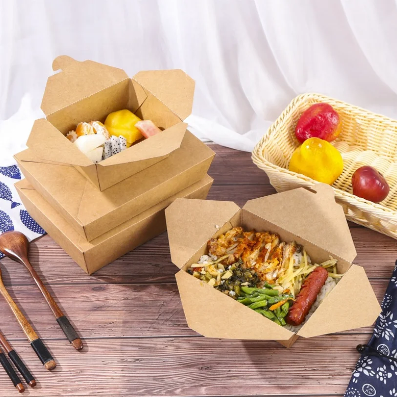 Logo Printed Disposable Craft Paper Takeaway Delivery Box for Chinese Lunch Meal Biodegradable Square Kraft Paper Takeaway Box