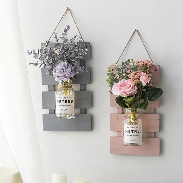 rustic style home decoration wooden wall shelf with mason jar and flower