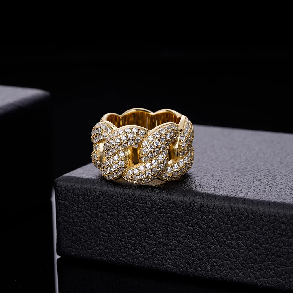 Fine Jewelry Hip Hop 14k Gold Plated 925 Sterling Silver CZ Iced Out Cuban Band Finger Ring