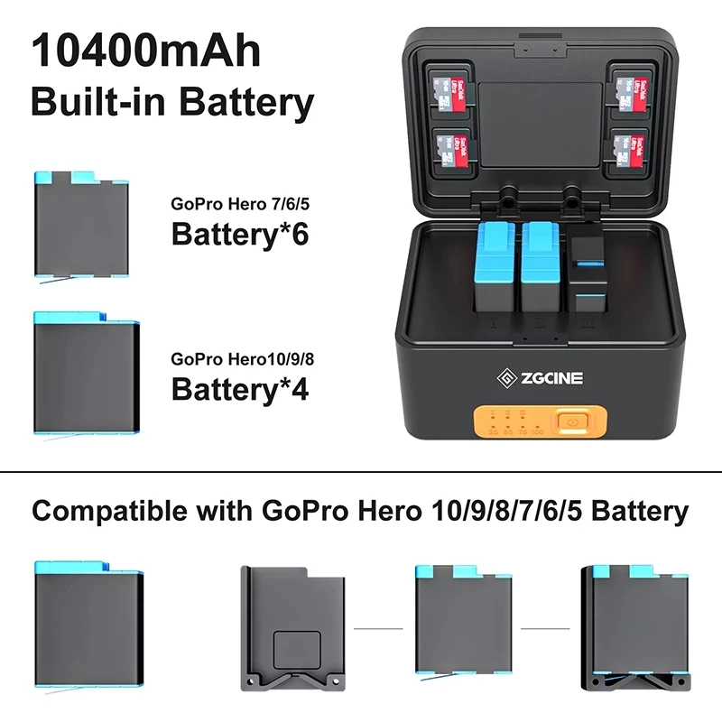 ZGCINE ZG G10 Charging Case Built-in 10400mAh Battery Power Bank Charging Storage Box for Gopro Hero 10 9 8 7 6 5 Action Camera