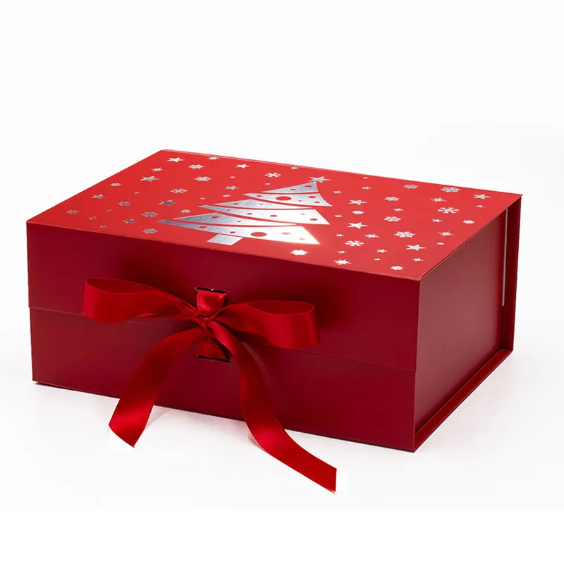 Custom changeable ribbon style red luxury rigid Christmas eve gift boxes for sale