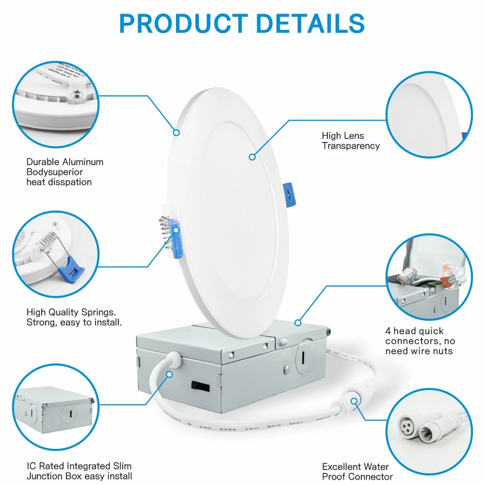 ETL 12 Pack 6 Inch LED Recessed Ceiling with Night Light 5CCT Selectable UltraThin 12W=110W Dimmable Canless Wafer Downlight