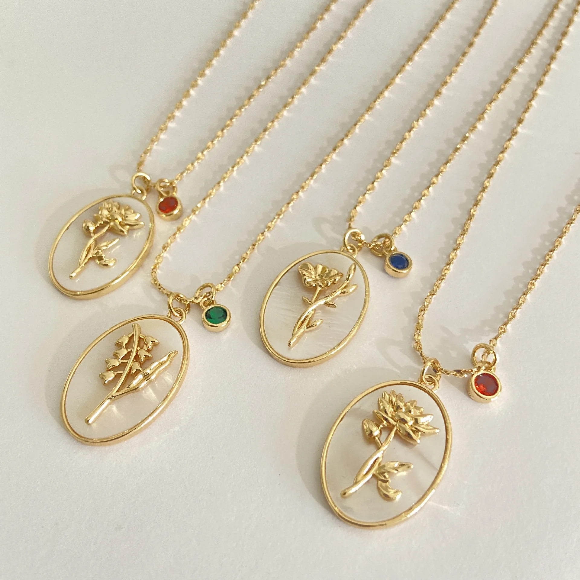 Wholesale Stainless steel birthday zircon stone 18k gold plated pendant 12 birth month flower necklace