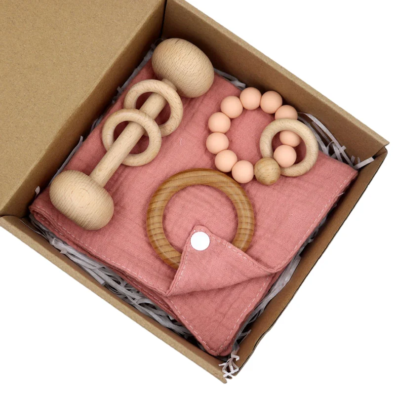  baby wooden rattle toys 100% Cotton Comforter towel teether silicone pacifier chain gift