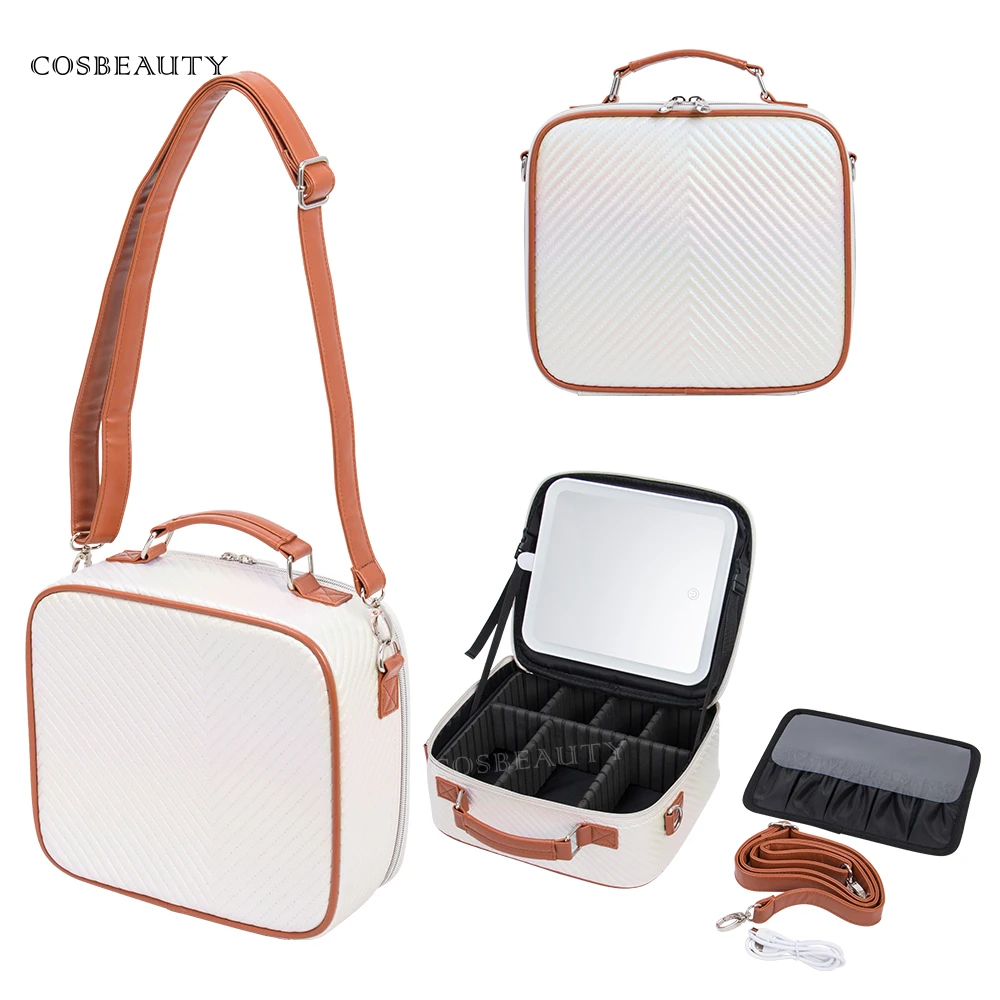 KONCAI Make Up Accessories Custom Vanity Box Organizer Beauty Makeup Case Leather Travel Cosmetic Bag with Led Mirror Light
