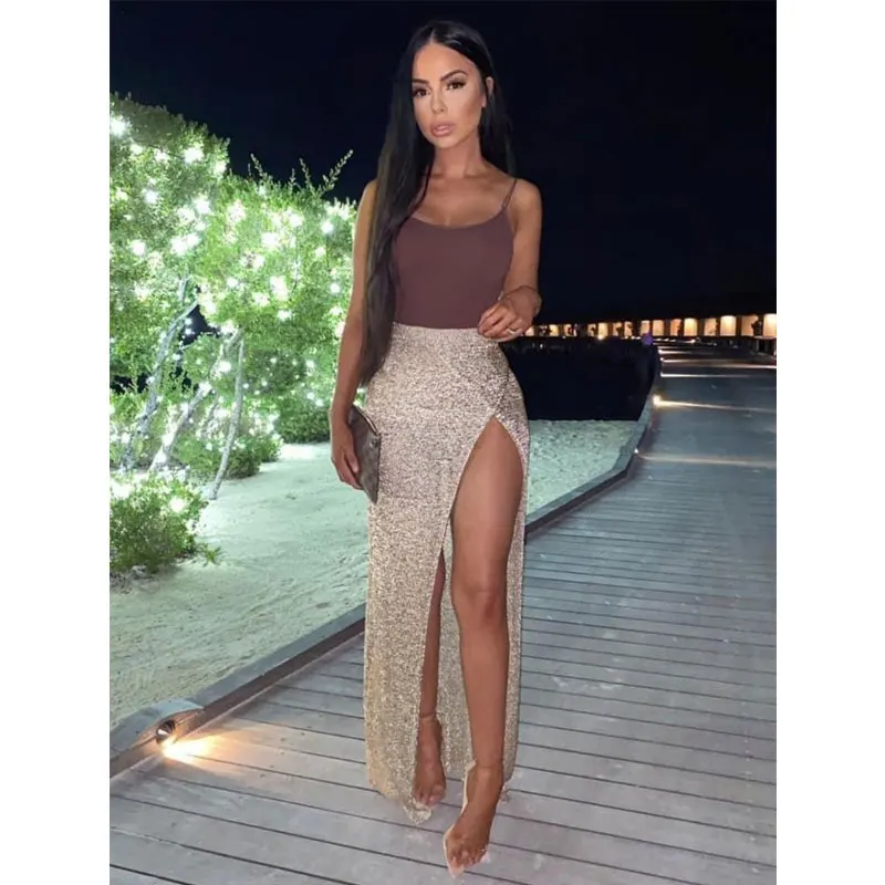 High Waist Sexy Split Fork Long Skirts Shiny Metallic Dress  maxi Skirt women