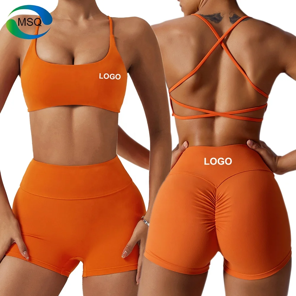 2023 Custom Logo Yoga Outfit Training Wear Active 2 Piece Sets Push Up Sports Bra Shorts Leggings Women Sexy Gym Fitness Sets