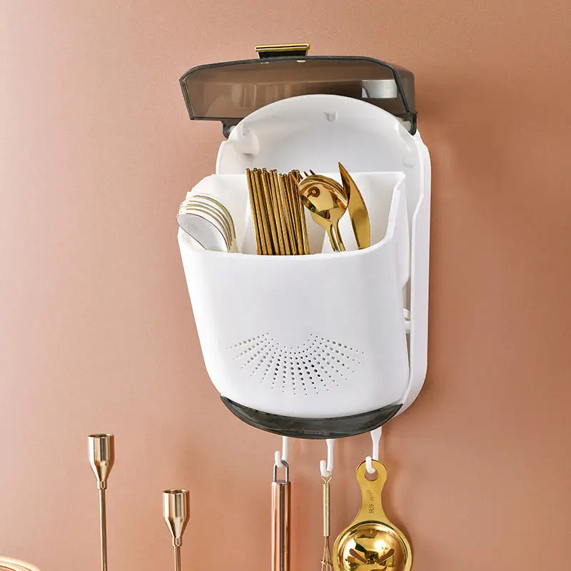 Kitchen Storage Organizer Waterproof Wall Mounted Drain Soup Spoon Chopsticks Cage Plastic Chopsticks Holder