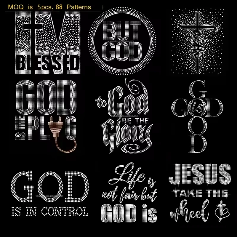 88 Patterns Custom Jesus Christ Base Sprayed Faith Religious Christian Rhinestone Transfer Designs Iron on God Bling Motif Patch