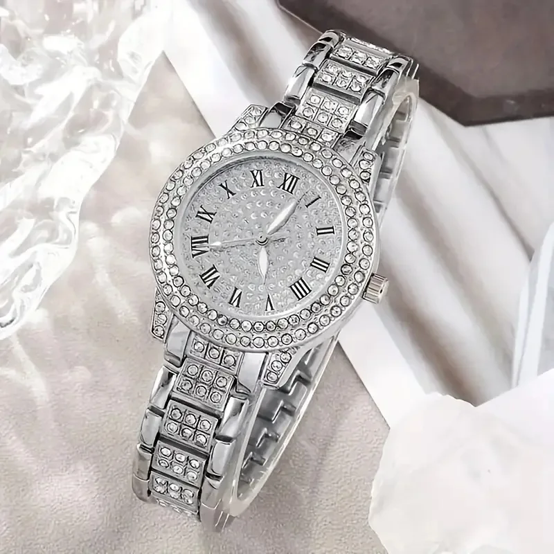 Luxury Elegant Wrist Watch & 5pcs Crystal Jewelry Set Stylish Rhinestone Iced Out Watches Set For Women Gift (WT2285)