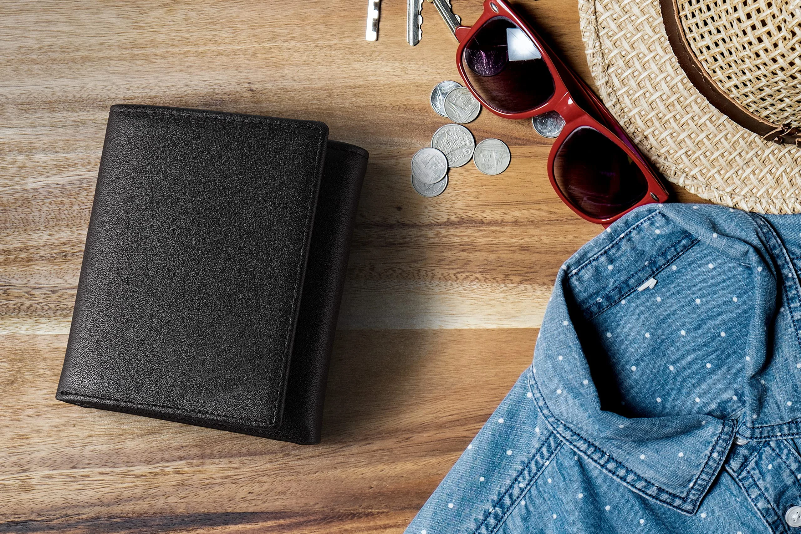 Factory Custom Leather Credit Card Holder Wallet With 2 ID Window RFID Blocking Slim Tri-fold Wallet For Man