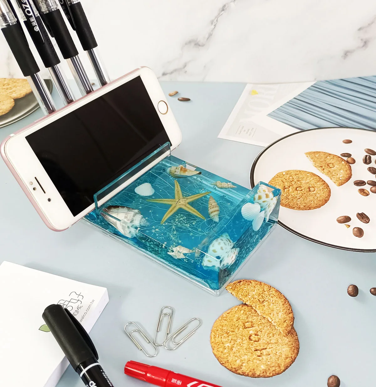 Acrylic Memo Pen Holder Multi-Functional Decor Ocean Breeze Acrylic Phone Stand Pens Holder for Display
