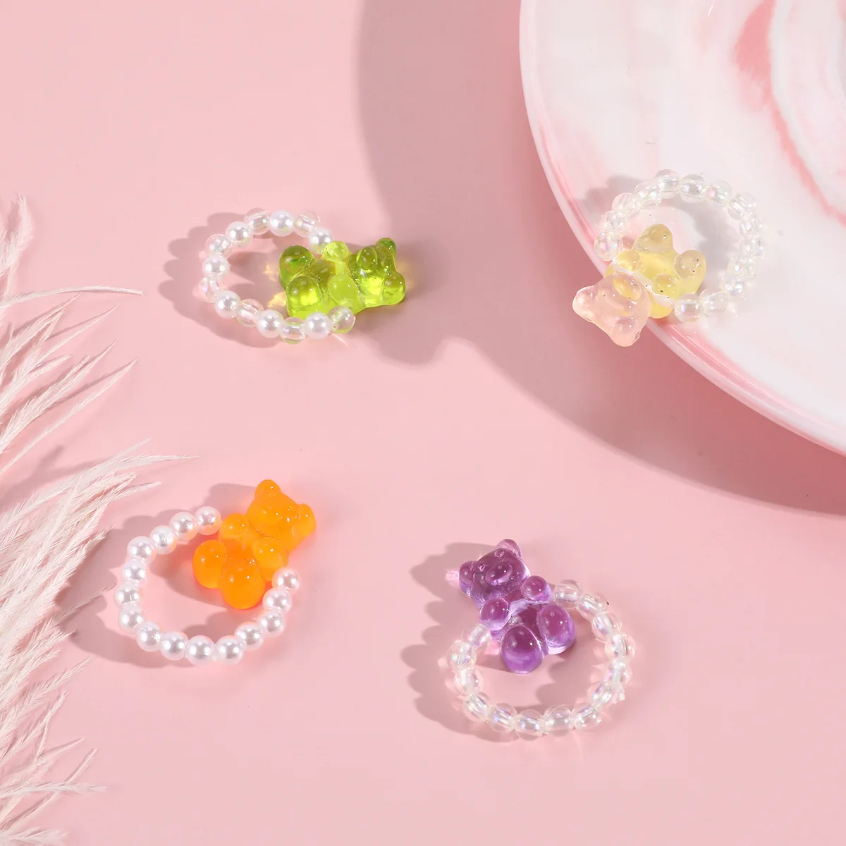 Hot Sale Cute Children Acrylic Transparent Ring Candy Bear Pearl Ring Girl