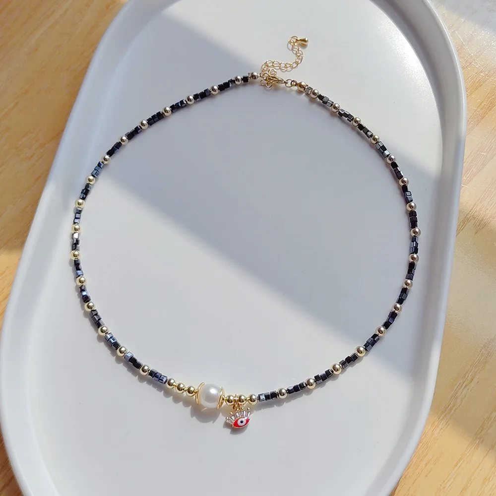 KKBEAD Handmade Beaded Necklaces Natural Pearl Evil Eye Pendant Necklace Crystal Necklace for Women