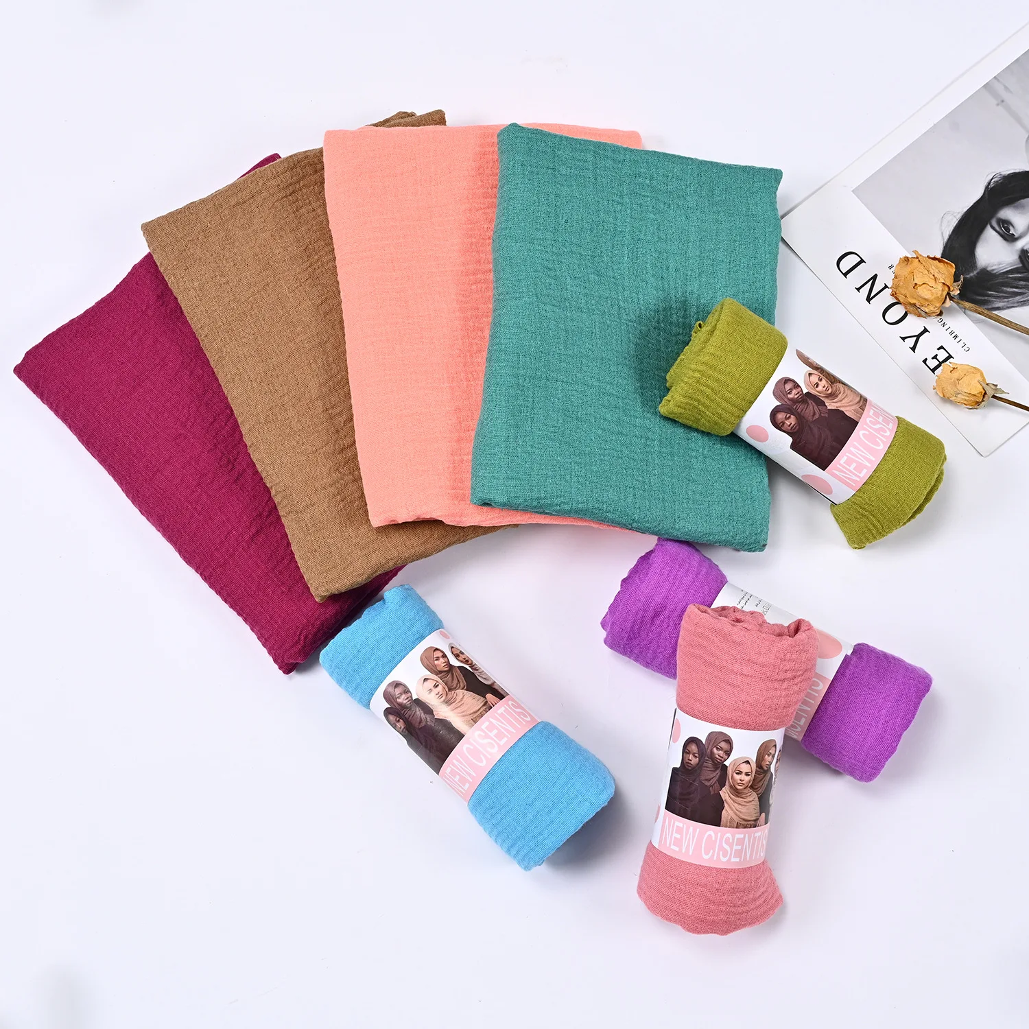 Solid Color TR Cotton Linen 180x90 Large-Size Bubble Wrap Ethnic Style Cross-Bo Fashion Hijab Cover Woven Bawal Plain Wholesale