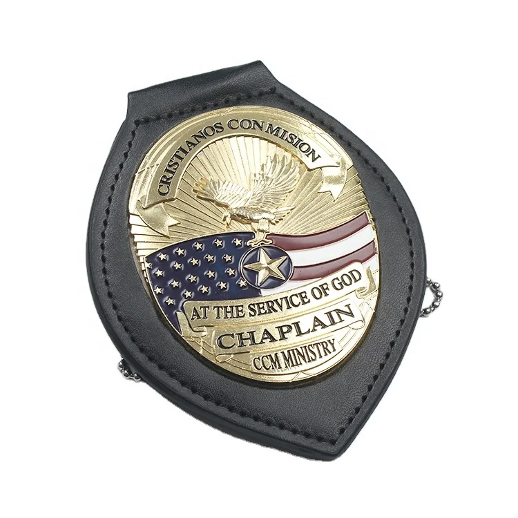 Custom 3D Embossed Metal Logo Genuine Leather Backing Chaplain Badges with Chain