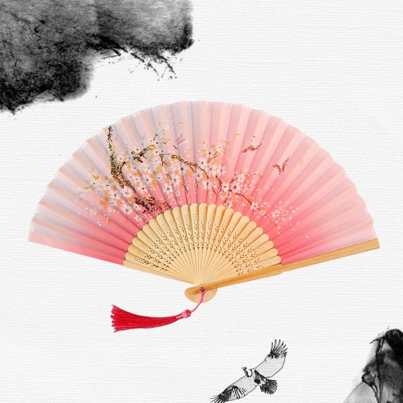 Vintage Chinese Japanese Fabric Floral Spun Silk Flower Printing Hand Fan Folding Hollow Carved Hand Fan Party Wedding Hand Fan