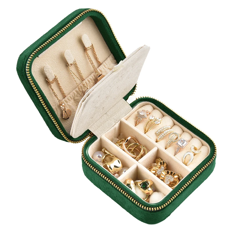 Low MOQ wholesale square shaped zipper lock portable bracelet earring necklace ring boxes velvet jewelry packaging storage box