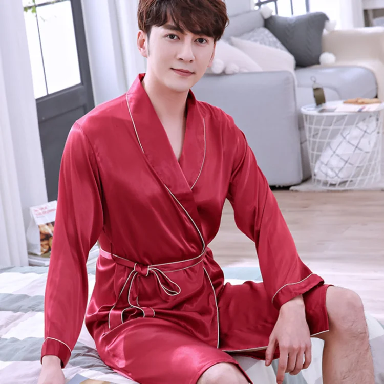 Chinese faux silk bathrobe  men long polyester satin bathrobe