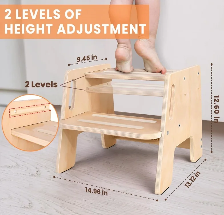 plywood Wooden Height-Adjustable 2-Step Stool for Kids, Potty Training Stool with Handles for Bathroom Sink