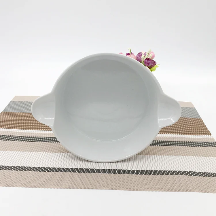 High quality wholesale cheap two handle round  porcelain soup bowl bakeware for daily use ceramic for hotele