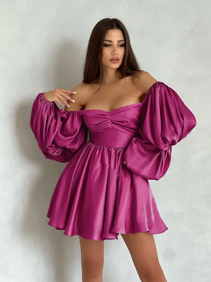 2023 summer dress Sweetheart Neck Frill Trim Dress  Puff sleeve satin Sexy Pink dress women elegant for valentines day gift