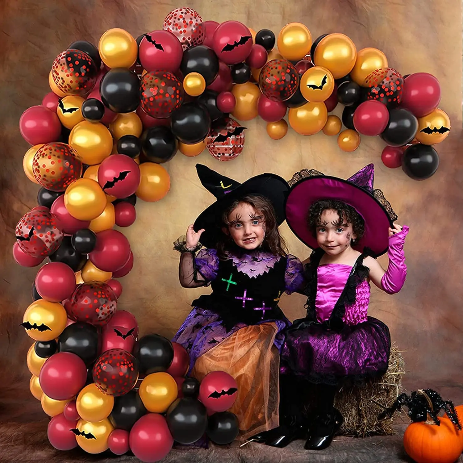Black Red Gold Balloons Garland Kit Confetti Balloon Bat Stickers, Latex Balloons for Halloween Decoration Birthday