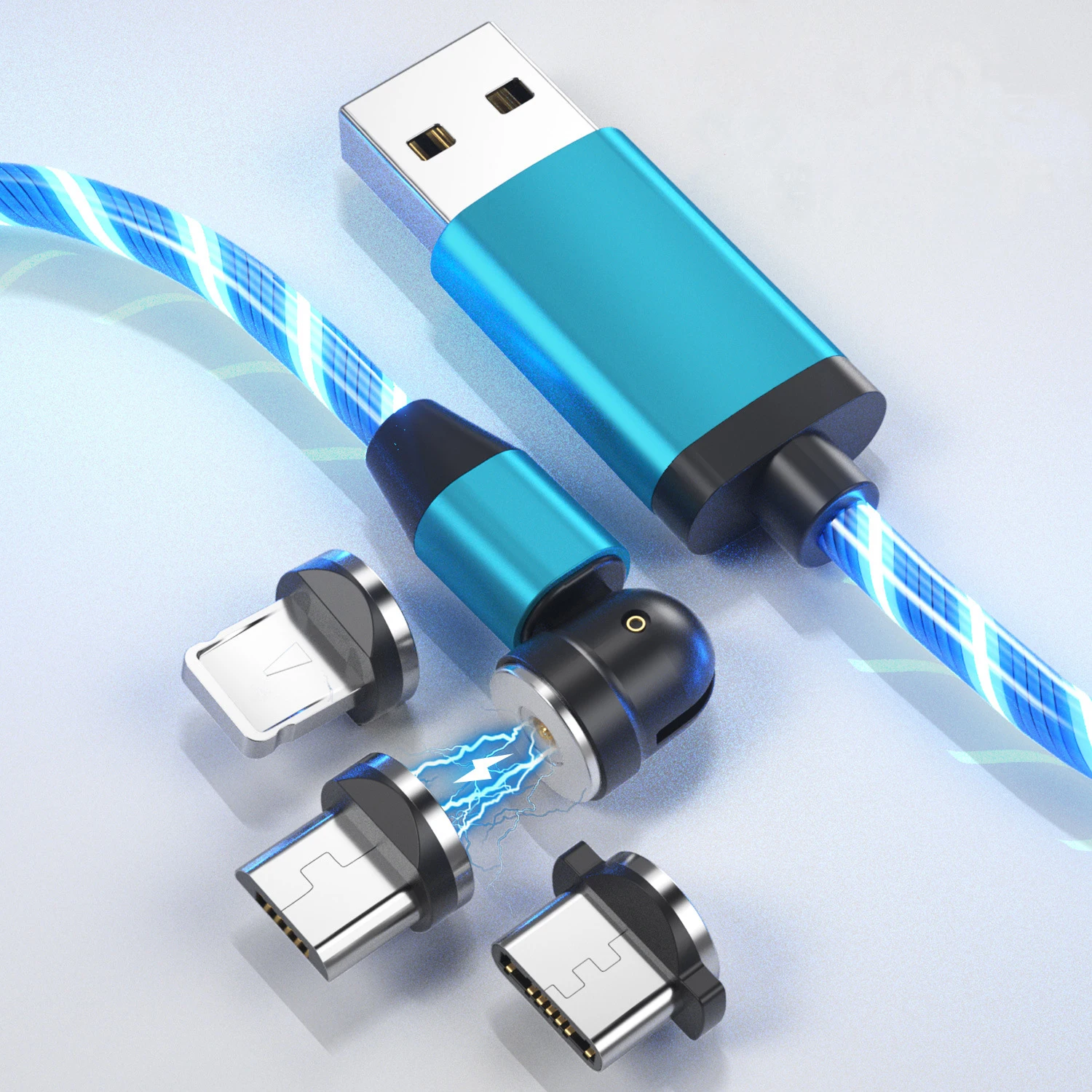 360 540 Degree Rotate Luminous Flowing Light USB C Magnet Computer Magnetic Data Cable 3in1 Charger