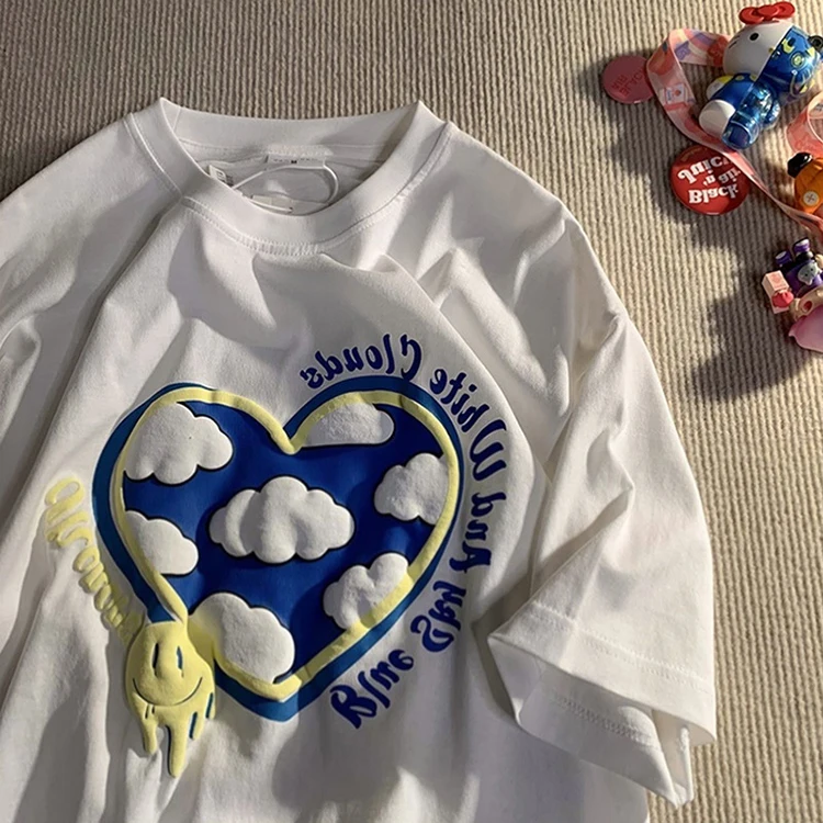 Summer Fashion 3D Puff Print Couples Oversized Cotton T-Shirts American Unisex Short Sleeve Custom Printing T Shirt Women Casual