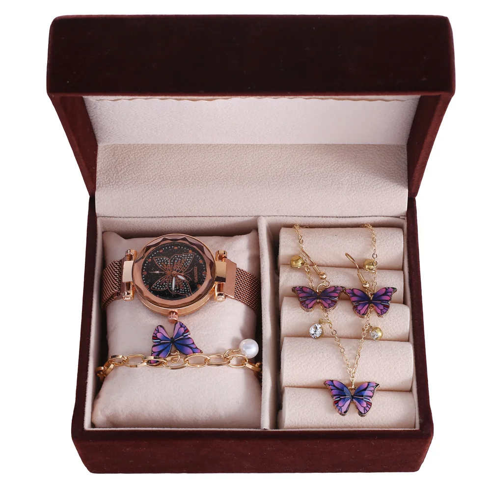 4pcs/set Butterfly watch jewelry set watch butterfly necklace bracelet eardrop Fashion Butterfly set jewelry gift box