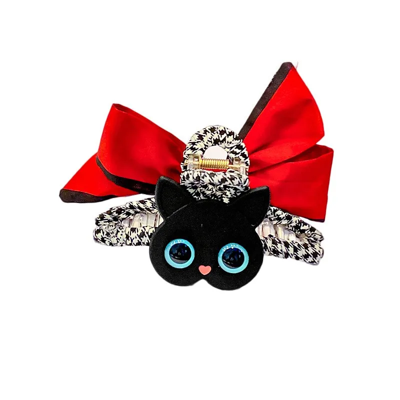 New cat bowknot hairpin girl cartoon resin shark tooth plaid cloth Korean hair clip accessories
