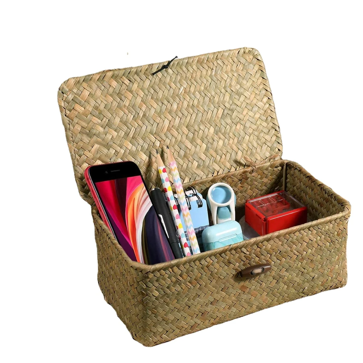 Rattan Storage Box Makeup Organizer Multipurpose Container with Lid Natural sea grass baskets for home