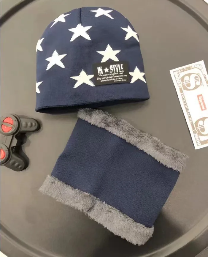 Winter boy warm set 2-16 years old fleece lining children knit beanie hat