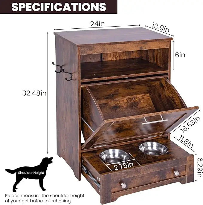 Modern Pet Feeder Station: Elevated Dog Food Storage Cabinet with Raised Bowls and Pull-Out Design